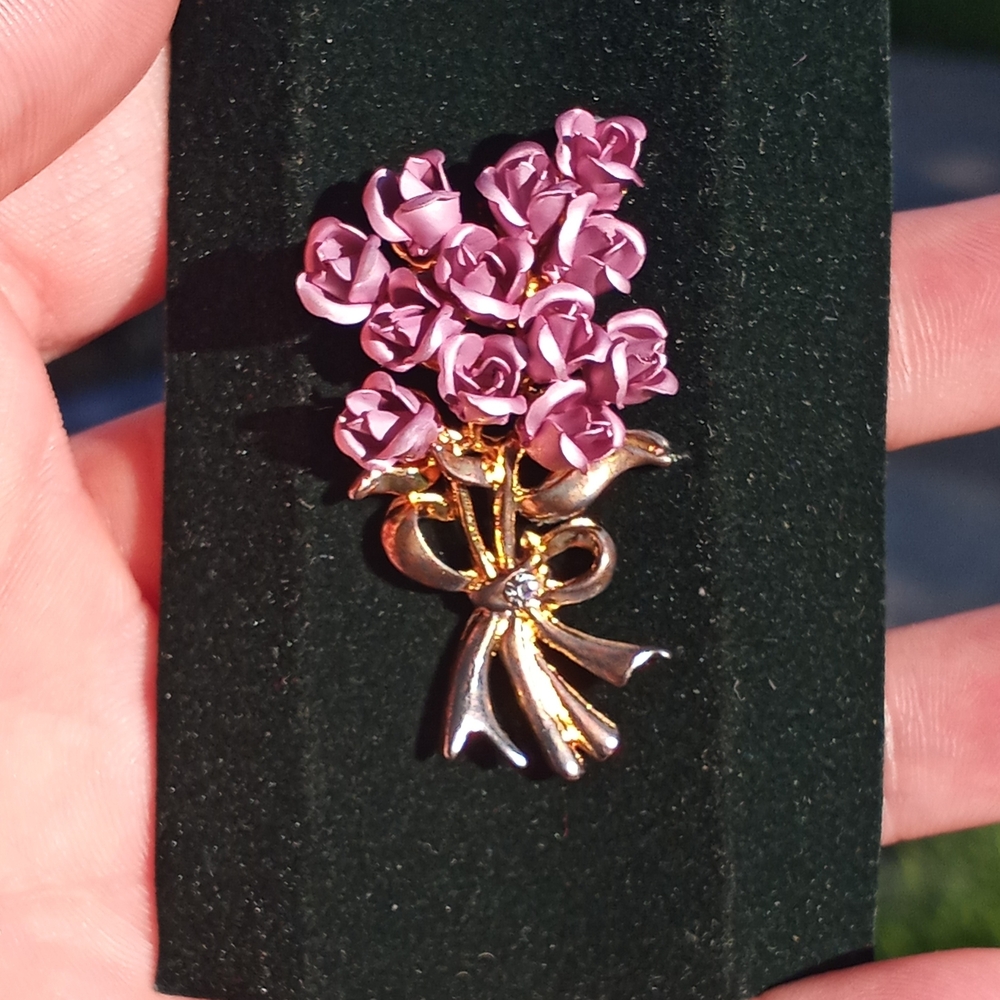 Vintage Rose Bouquet Gold & Purple Brooch